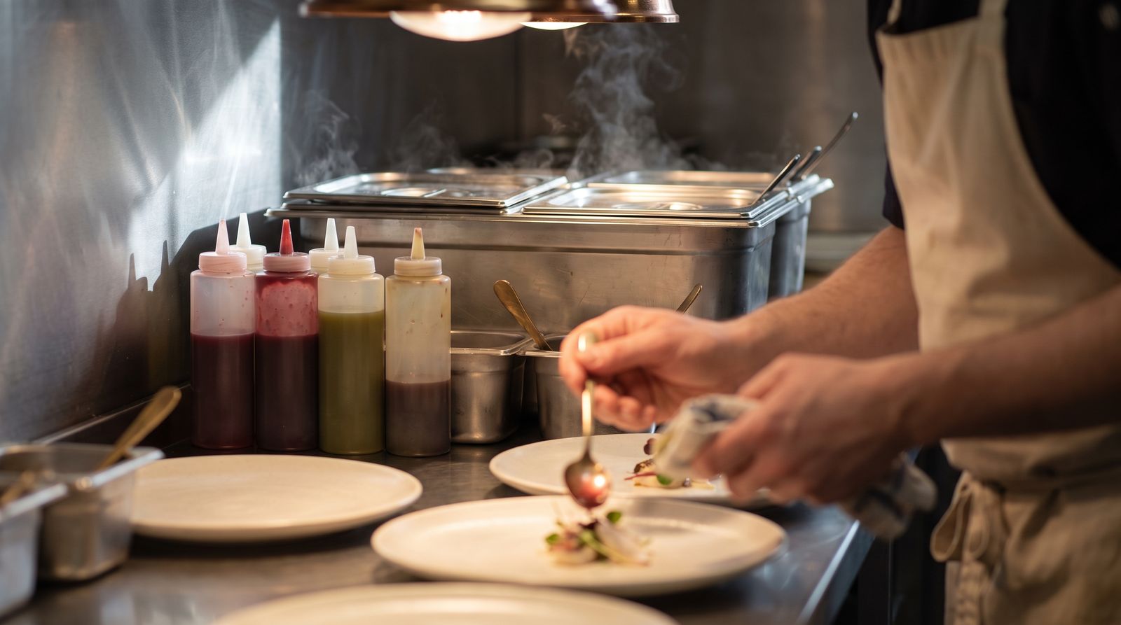 A chef plating at a professional kitchen pass