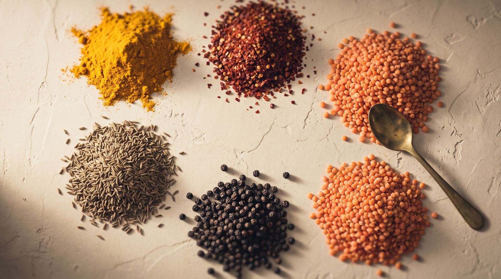 Turmeric, chilli, cumin, peppercorns and lentils on a plaster surface