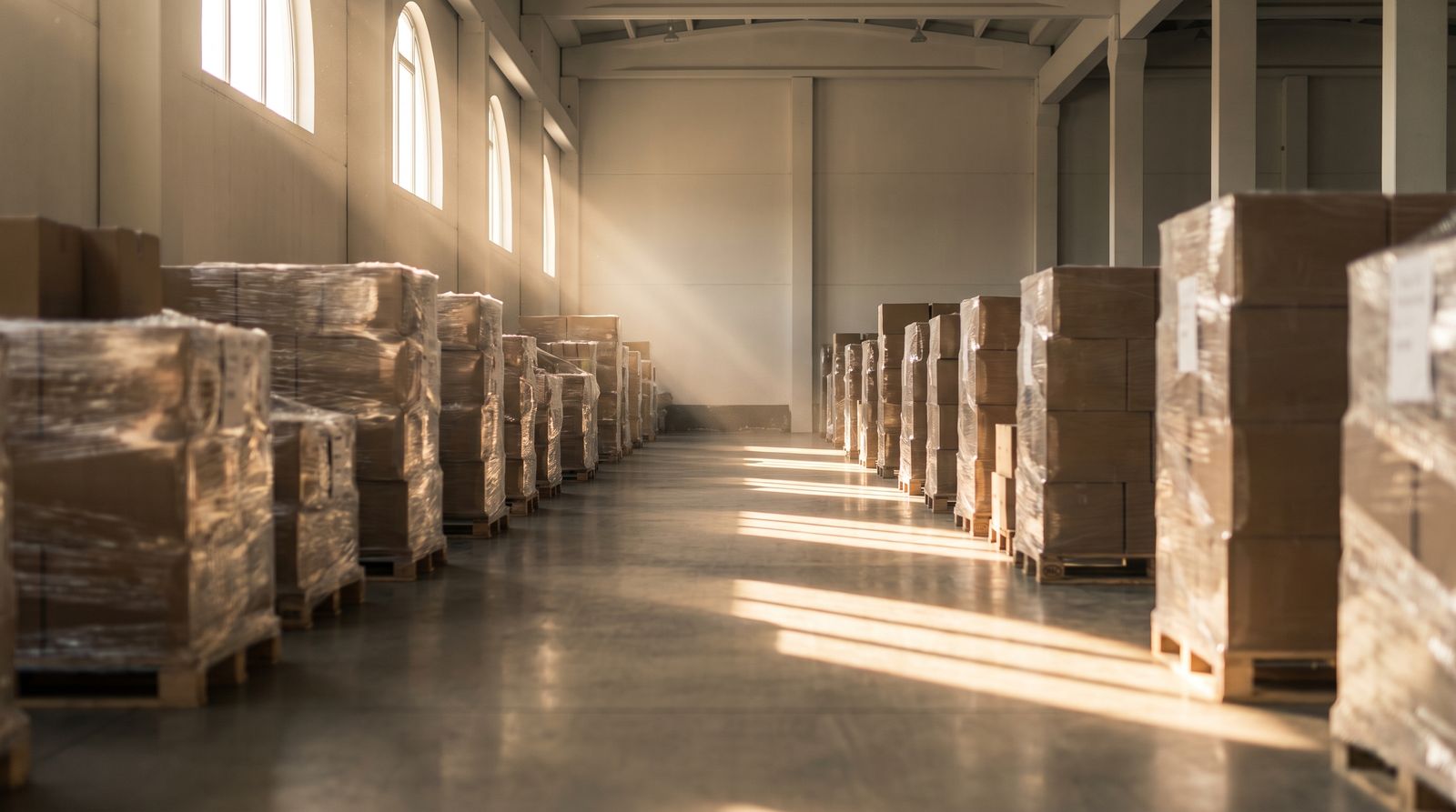 Wrapped pallets in a food distribution warehouse